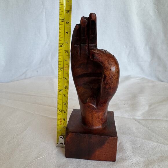 Vintage Walnut Sculpture Hand Symbol OK Gesture Quirky Art - Picture 6 of 9